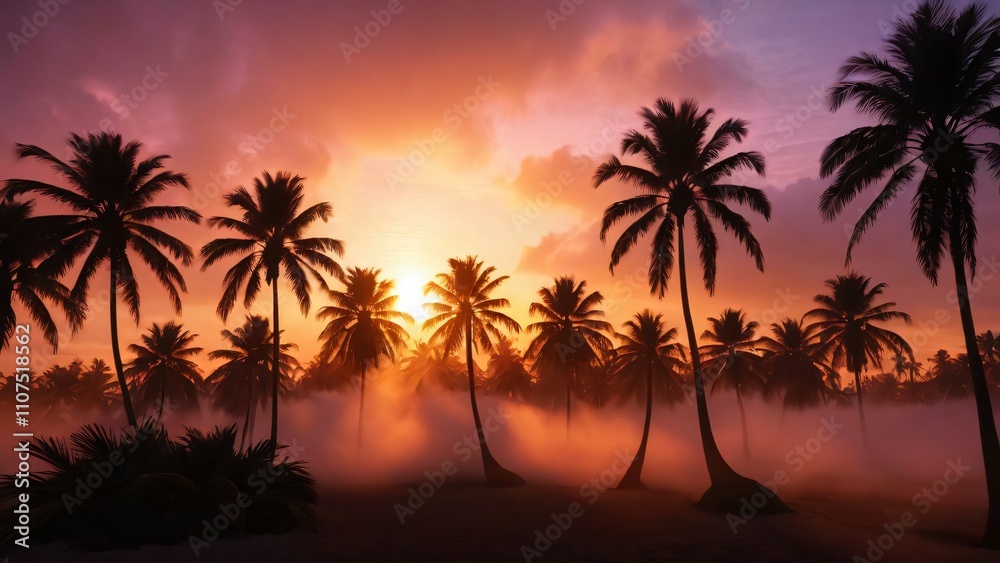 Fototapeta premium A vibrant tropical sunset with silhouettes of palm trees