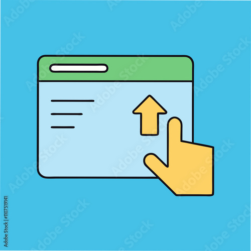 A stylized icon depicts a hand clicking an upward arrow on a webpage interface, symbolizing file uploading or data transfer. Simple, clean design.