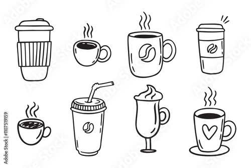 Coffee cups doodle set. coffee cup hand drawn line signs. Outline coffee cups