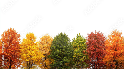 Orange, green, red and yellow autumn fall season forest woods nature trees isolated on white background. beautiful seasonal foliage branch leaves, october september environment.