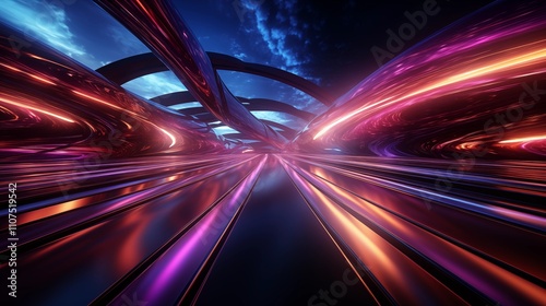 Neon lights speed tunnel background.