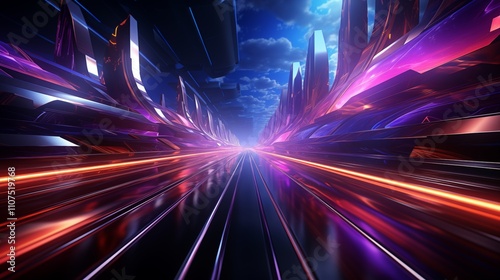 Neon lights speed tunnel background.