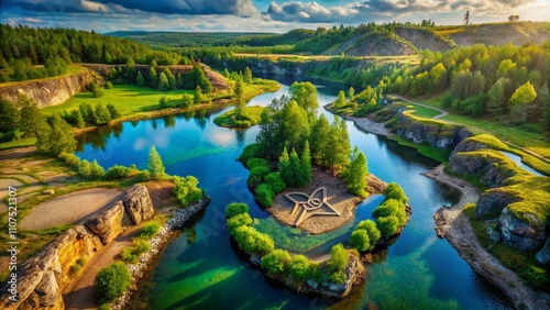 Aerial View of Natural Landscapes Featuring Kenaz Rune Symbol Carved in Earth, Perfect for Esoteric and Spiritual Themes in Drone Photography photo