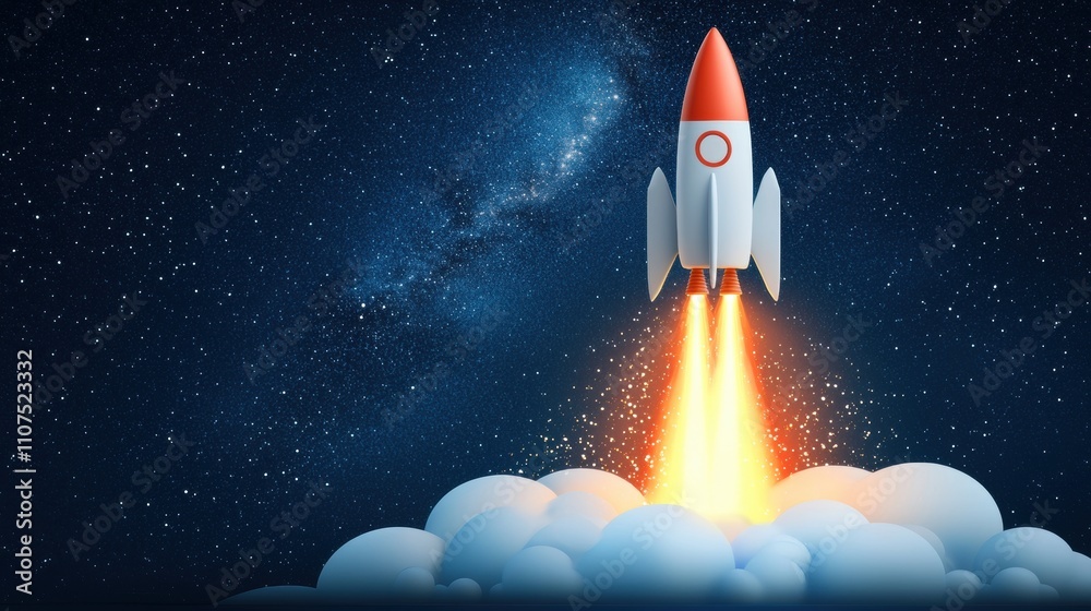 Fototapeta premium A Colorful Rocket Launching into the Starry Night Sky