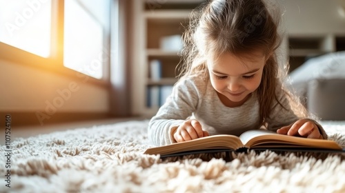 A young girl, absorbed in her book, lies contentedly on a carpet, capturing the serene focus and thrill of reading in a sunlit room reminiscent of a peaceful haven. photo