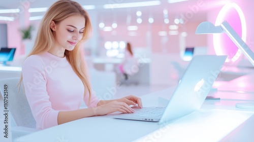 A woman in an office is sitting at a desk working on a computer. The office is pink interior decorated Free Download A woman in an office is sitting at a desk working on a computer. The office is pink interior decorated - GFXLoad