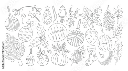 Set of isolated Christmas and New Year party decoration ornaments in cute doodle hand-drawn graphic illustration style on a transparent background. Black outline style. Volume 3.