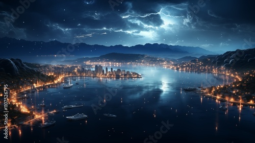 Panoramic view on planet Earth globe from space. Glowing city lights, light clouds