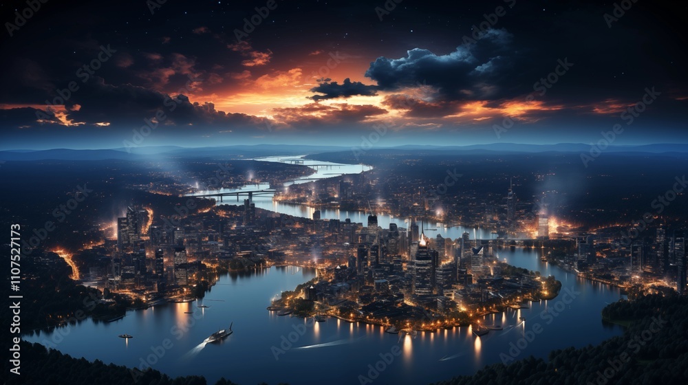 Fototapeta premium Panoramic view on planet Earth globe from space. Glowing city lights, light clouds