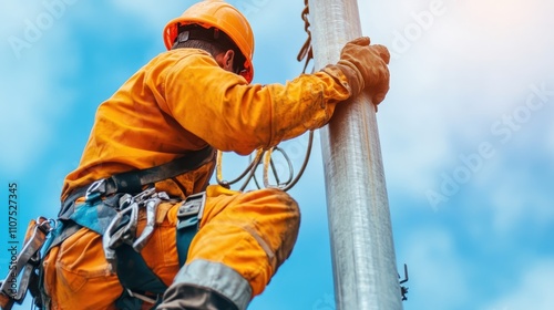 A utility worker in comprehensive safety gear climbs a pole against a blue sky, demonstrating the courage and precision required to maintain essential services. photo