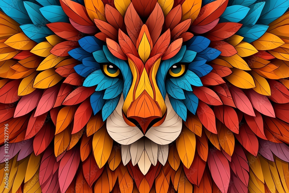 Obraz premium A vibrant, artistic depiction of a lion's face, showcasing intricate patterns and bold colors resembling feathers or leaves.