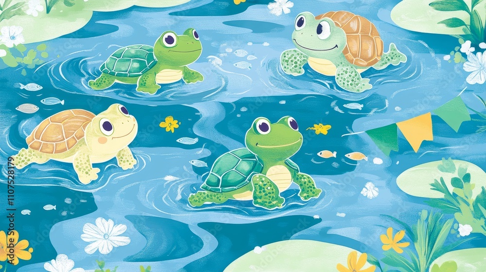Fototapeta premium A cute cartoon japanese style pattern showing active frogs and turtles racing along a riverbank with tiny flags, fish, and floating leaves, The background features blues, greens, and yellows, giving