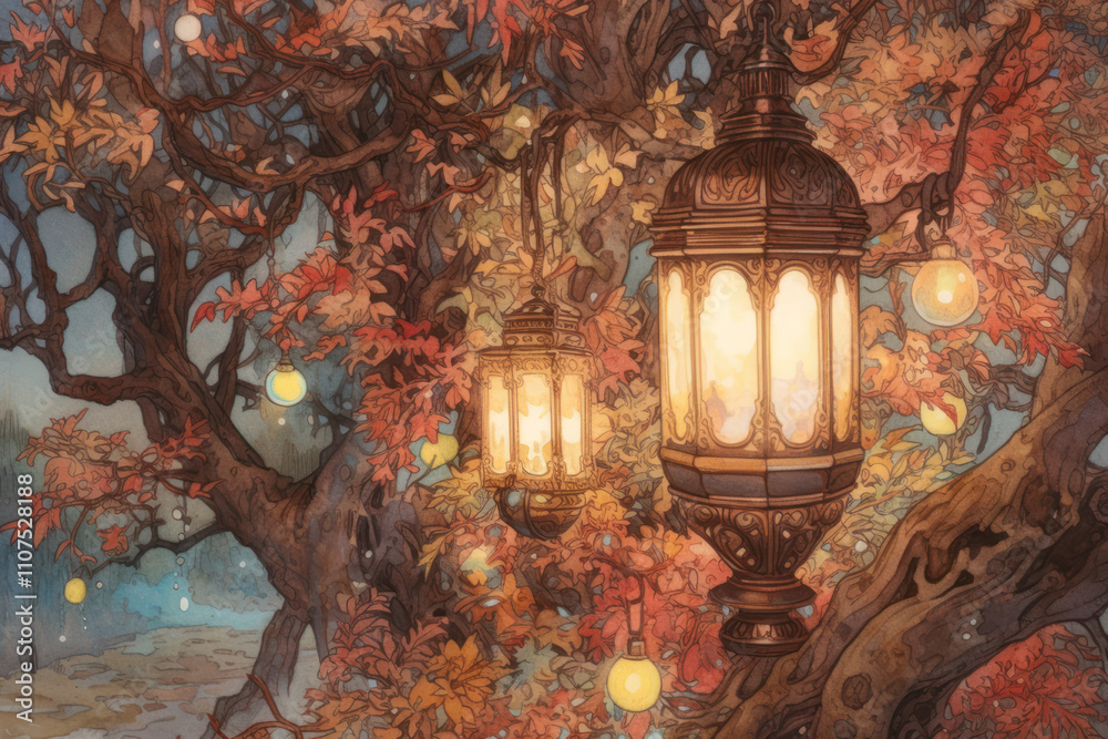 Obraz premium magical forest landscape in autumn colors. In the foreground are two antique lanterns hanging from the branches of a tree. 
