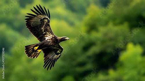 A wildlife photo of an eagle in mid-flight captured using a telephoto lens sharp details ISO 800 for motion clarity with panning background blur accentuating movement 