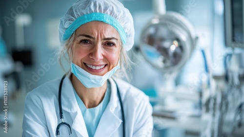 A smiling female doctor is portrayed in her medical attire and mask, exuding warmth and comfort within a hospital setting, aiding patient care and trust. photo