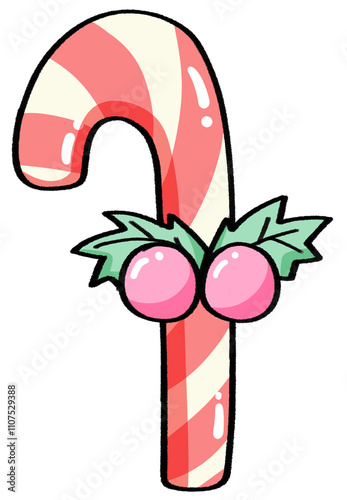 Christmas gift Candy cane with Holly Simple colors
illustration hand drawn isolated 
for Christmas decorations
