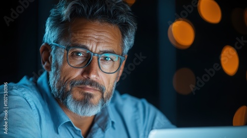 A middle-aged man with glasses and greying hair, wearing a light blue shirt, focused on his laptop at night. The bokeh lights add a serene atmosphere. photo