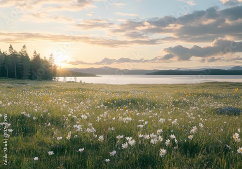 Serene Meadow with White Wildflowers Against a Backdrop of Sunrise Over Calm Lake and Silhouetted Trees in a Peaceful Natural Landscape