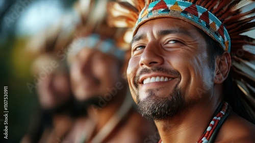 A joyous, smiling man dons a traditional feathered headdress, illustrating warmth and pride, surrounded by compatriots, embodying joy and cultural richness. photo