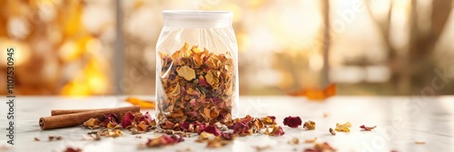 Herbal Tea Blend in Transparent Pouch on Marble with Autumn Accents
 photo