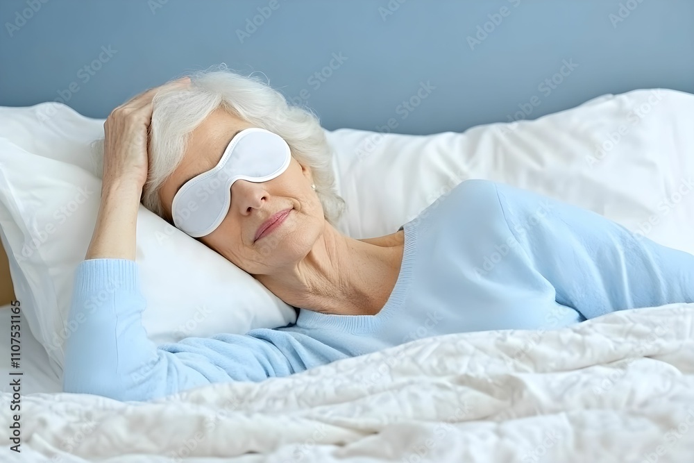 A woman over the age of sixty rests comfortably in bed, wearing a white sleep mask. She has white hair and a serene expression, surrounded by soft pillows and blankets in a tranquil bedroom. A woman over the age of sixty rests comfortably in bed, wearing a white sleep mask. She has white hair and a serene expression, surrounded by soft pillows and blankets in a tranquil bedroom.