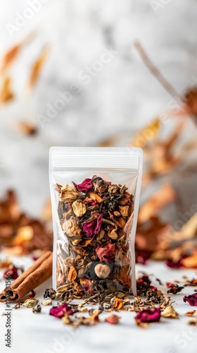 Herbal Tea Blend in Transparent Pouch on Marble with Autumn Accents
 photo