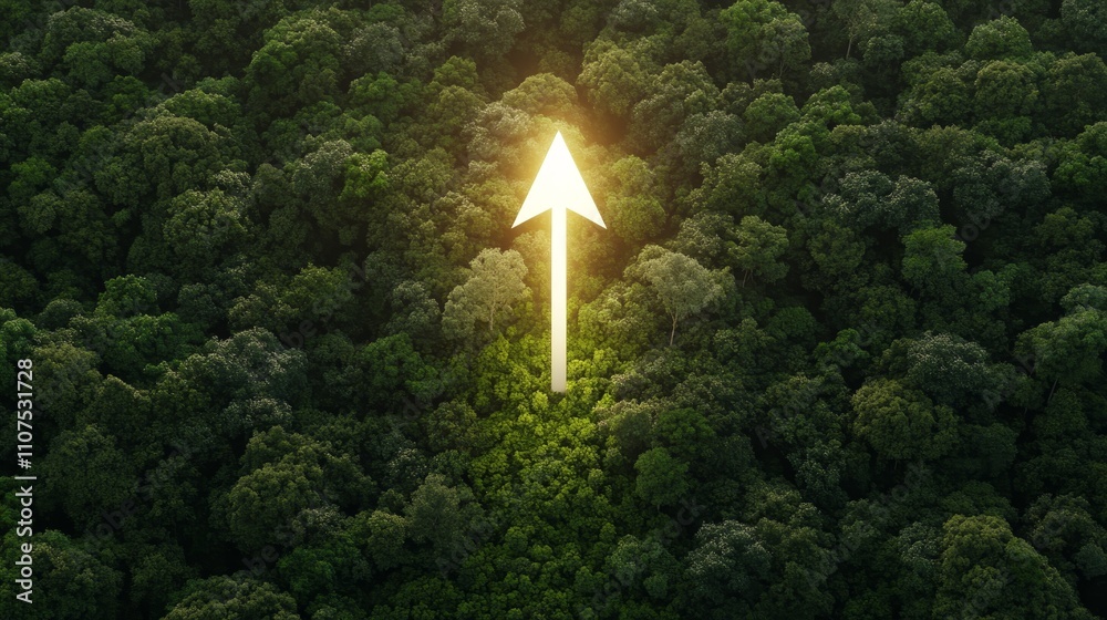Fototapeta premium A glowing arrow piercing through a deforested area, representing the breakthrough of reforestation efforts and the restoration of natural habitats, set against a backdrop of vibrant, growing forests,
