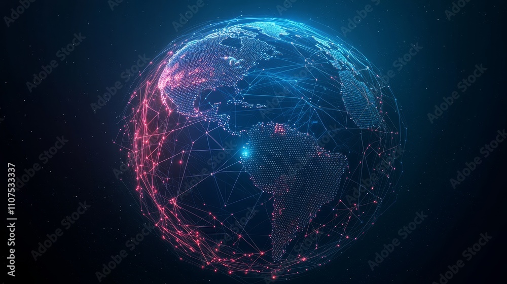 Obraz premium Global system network, Wi-Fi symbols with interconnected lines and dots, abstract network grid, digital connection icons, vibrant neon highlights, data flow lines, glowing communication pathways