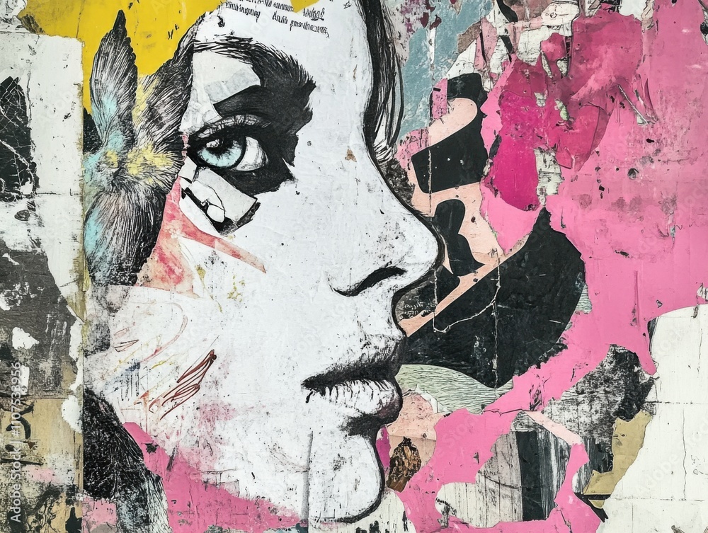 Fototapeta premium Portrait in anti-design style with chaotic elements, torn edges