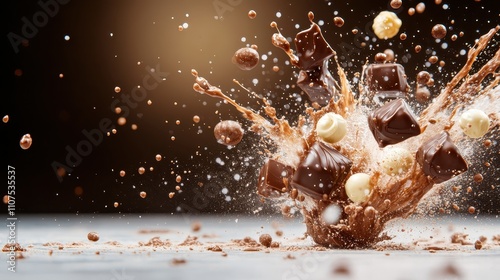 An explosion of chocolate cubes and pralines amidst a dynamic splash of cocoa powder, capturing the essence of motion and indulgence in a rich brown setting. photo