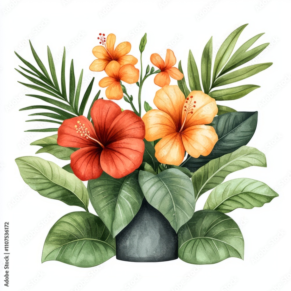 Obraz premium A vibrant bouquet featuring tropical hibiscus flowers and lush green leaves in a stylish vase.