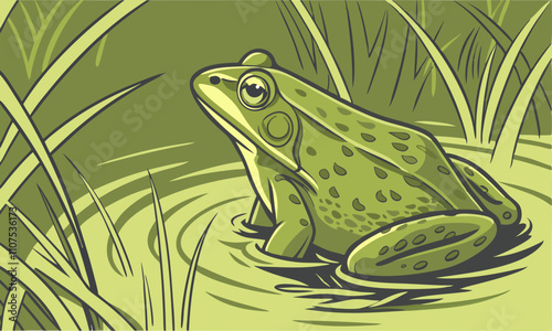 Download A Close-Up  Rendering Of A Green Frog Sitting In A Pond. . This Design Concept Isolated Premium Vector. 