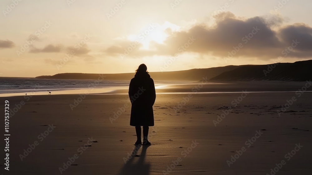 Naklejka premium Silhouette of a woman standing on a sunset desolate seashore. Solitude, contemplation, spiritual journey concept. Peaceful dusk landscape. Relaxing morning on a cold sandy beach/coast in winter.