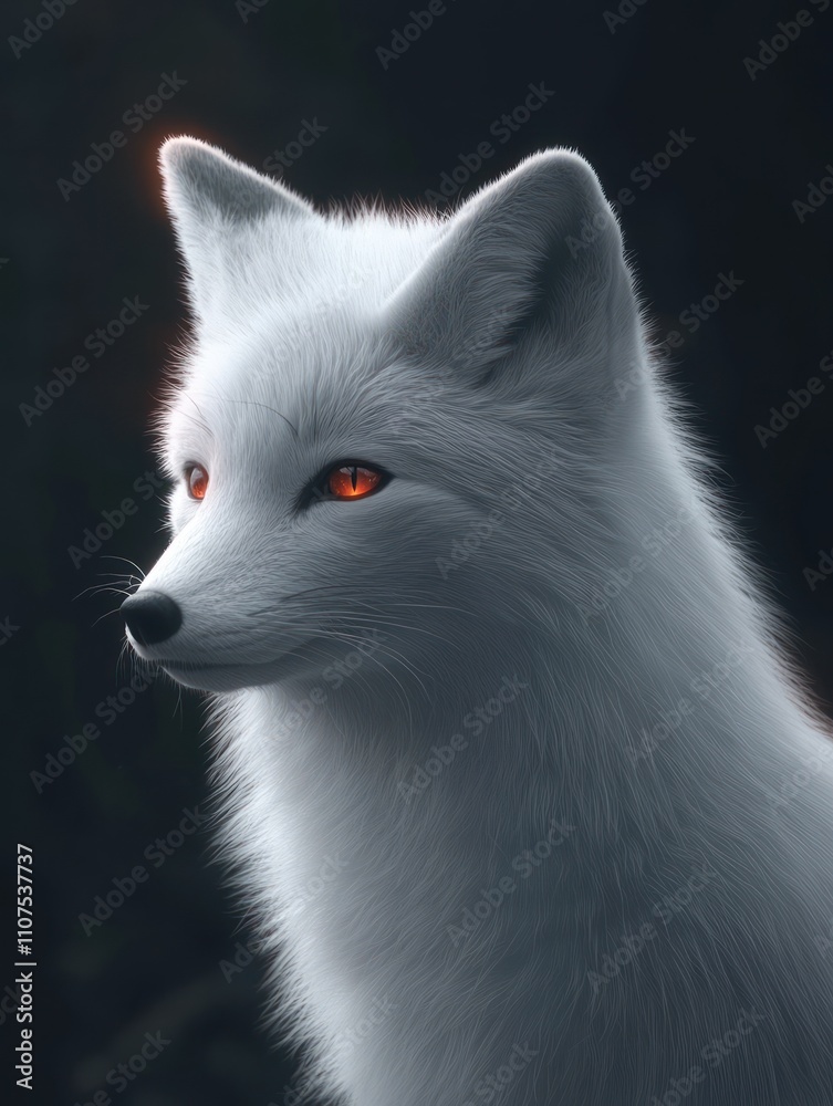 A majestic white fox with glowing orange eyes, set against a dark background. A majestic white fox with glowing orange eyes, set against a dark background.