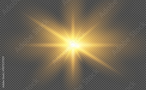 Glowing light effect with flashing lights and glittering star sparks on a transparent background. Vector sparkle effect: glowing starlight, glitter, explosions, and isolated yellow sparks.