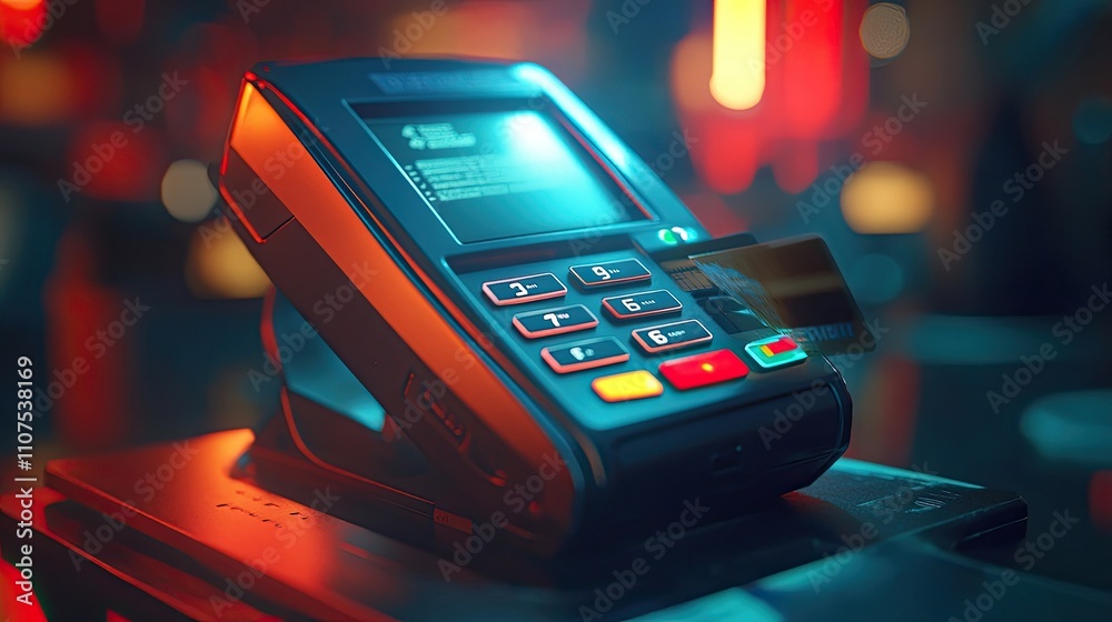 Obraz premium Close-up of a payment terminal with a card being processed. The vibrant red and blue lighting creates a dynamic atmosphere.