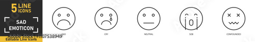 Sad Emoticon line icon set. Set of 5 outline icons related to sad, cry, neutral, sob, confuended and more. Vector illustration.