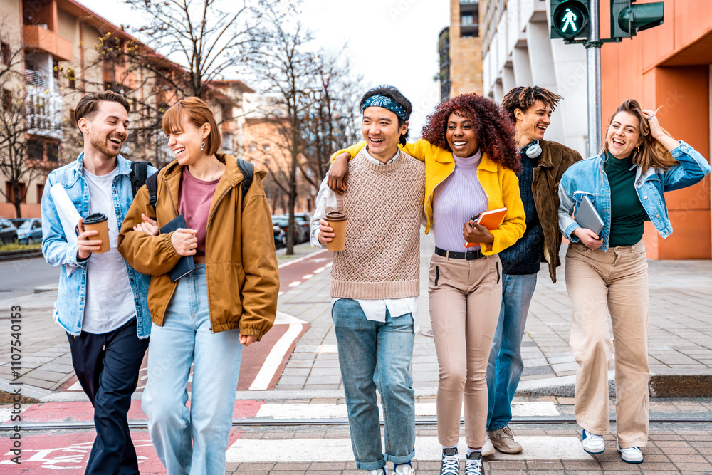 Fototapeta premium University students walking and laughing with fun for learning bonding and talking - People, diversity and group of gen z friends outdoor with books ready for education at college campus