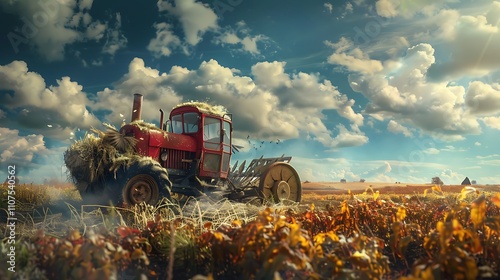 ustic harvest charm: harvester gathering crops, surrounded by rustic farm tools and wispy fairy clouds photo