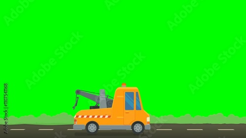 Animation loop of an orange tow truck with its crane rolling for a repair on a road with bushes on a green screen, white background and alpha channel (flat design)
