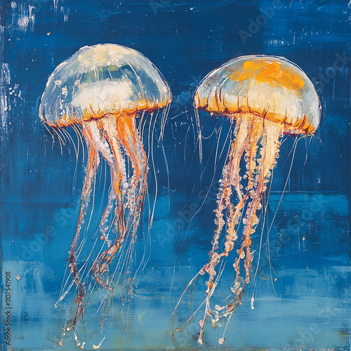 two beautiful jellyfish swim the deep blue ocean water generated by AI