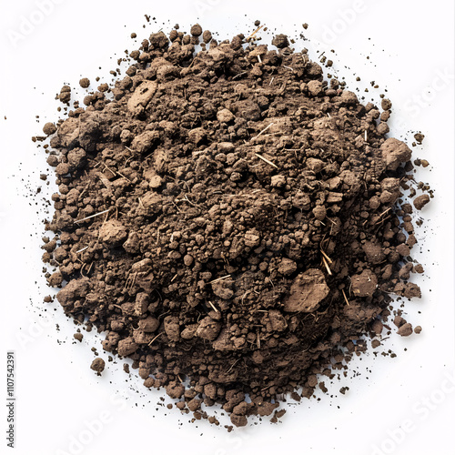 A top view of scattered soil isolated on a white background, showcasing texture.