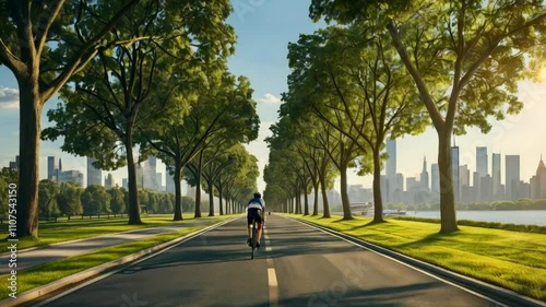 Wallpaper Mural A cyclist rides along a tree-lined avenue with a city skyline in the background. Torontodigital.ca
