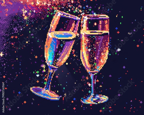 Cosmic Celebration: Two champagne flutes clinking amidst a vibrant explosion of confetti and starlight, a pixel art masterpiece symbolizing joy, celebration, and the thrill of a special moment. 