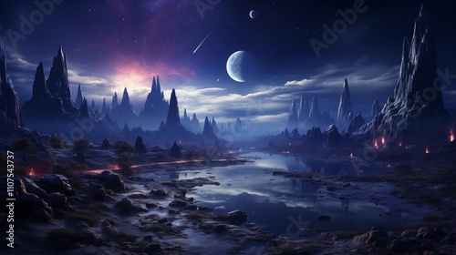 Stars, planets, fantasy landscapes of the future. Futuristic space sci-fi abstract background Sci-fi landscape with planets, neon lights