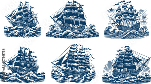 collection of intricately detailed sailing ships in a vintage or engraving style showcasing waves stormy seas