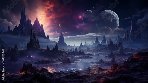 Stars, planets, fantasy landscapes of the future. Futuristic space sci-fi abstract background Sci-fi landscape with planets, neon lights