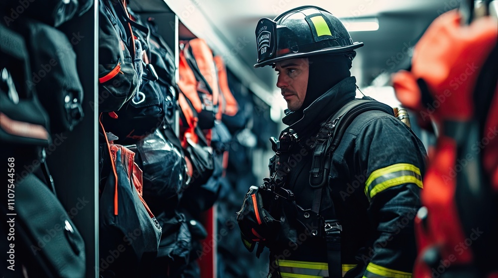 A firefighter in full gear stands in a fire station, checking his equipment. The dark and moody atmosphere creates a sense of preparedness and readiness. A firefighter in full gear stands in a fire station, checking his equipment. The dark and moody atmosphere creates a sense of preparedness and readiness.