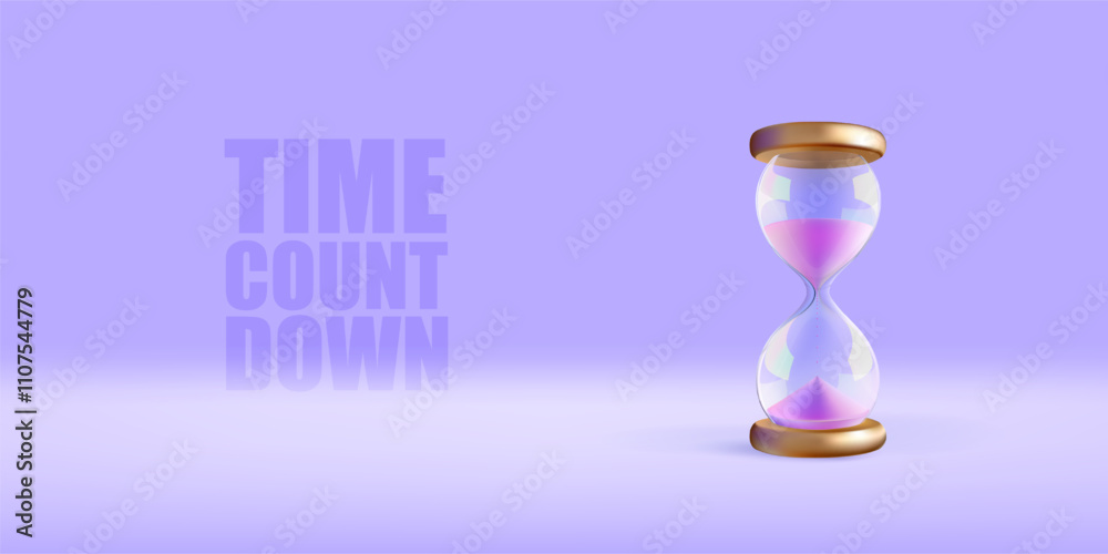 Fototapeta premium Glass clock for time countdown. Hourglass banner template. Pink sand in running sandglass. 3d watch timer vector render. Abstract realistic golden stopwatch. Hour budget concept on purple background.