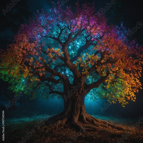 A glowing tree of life with branches and leaves in every imaginable color. photo